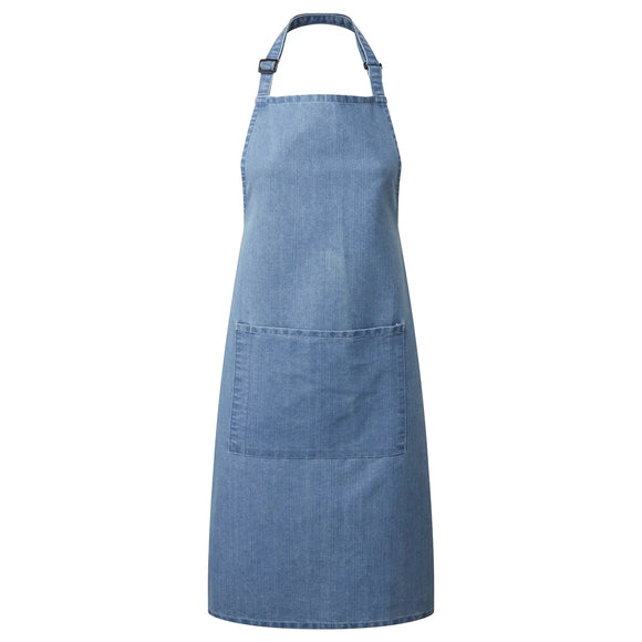 A blue denim bib apron with a center pocket, adjustable neck strap, displayed against a white background. Denim Bib Apron with Pocket - PR154