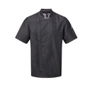 A short sleeve black denim chef's jacket with a mandarin collar, side vents, and a zip-close front. Premier Chef's Zip-Close Short Sleeve Jacket - PR906