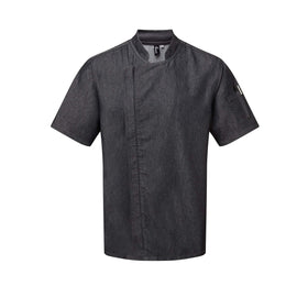 A short sleeve black denim chef's jacket with a mandarin collar, side vents, and a zip-close front. Premier Chef's Zip-Close Short Sleeve Jacket - PR906