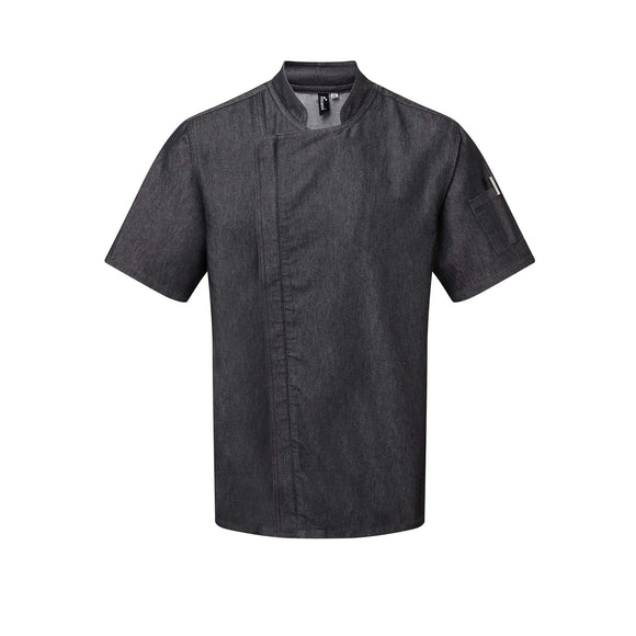 A short sleeve black denim chef's jacket with a mandarin collar, side vents, and a zip-close front. Premier Chef's Zip-Close Short Sleeve Jacket - PR906
