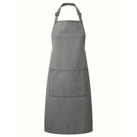 A grey denim bib apron with a center pocket, adjustable neck strap, displayed against a white background. Denim Bib Apron with Pocket - PR154