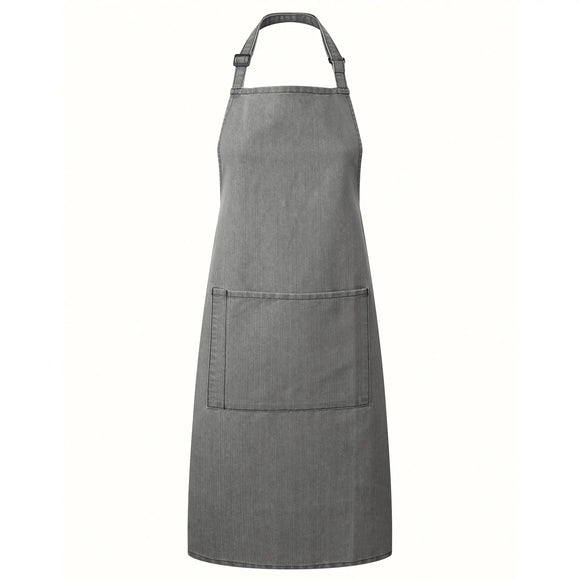 A grey denim bib apron with a center pocket, adjustable neck strap, displayed against a white background. Denim Bib Apron with Pocket - PR154