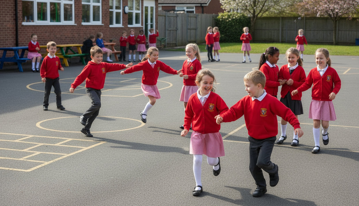 Children in red and pink uniforms playing on a school playground.
