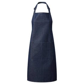 An indigo blue denim bib apron with a center pocket, adjustable neck strap, displayed against a white background. Denim Bib Apron with Pocket - PR154