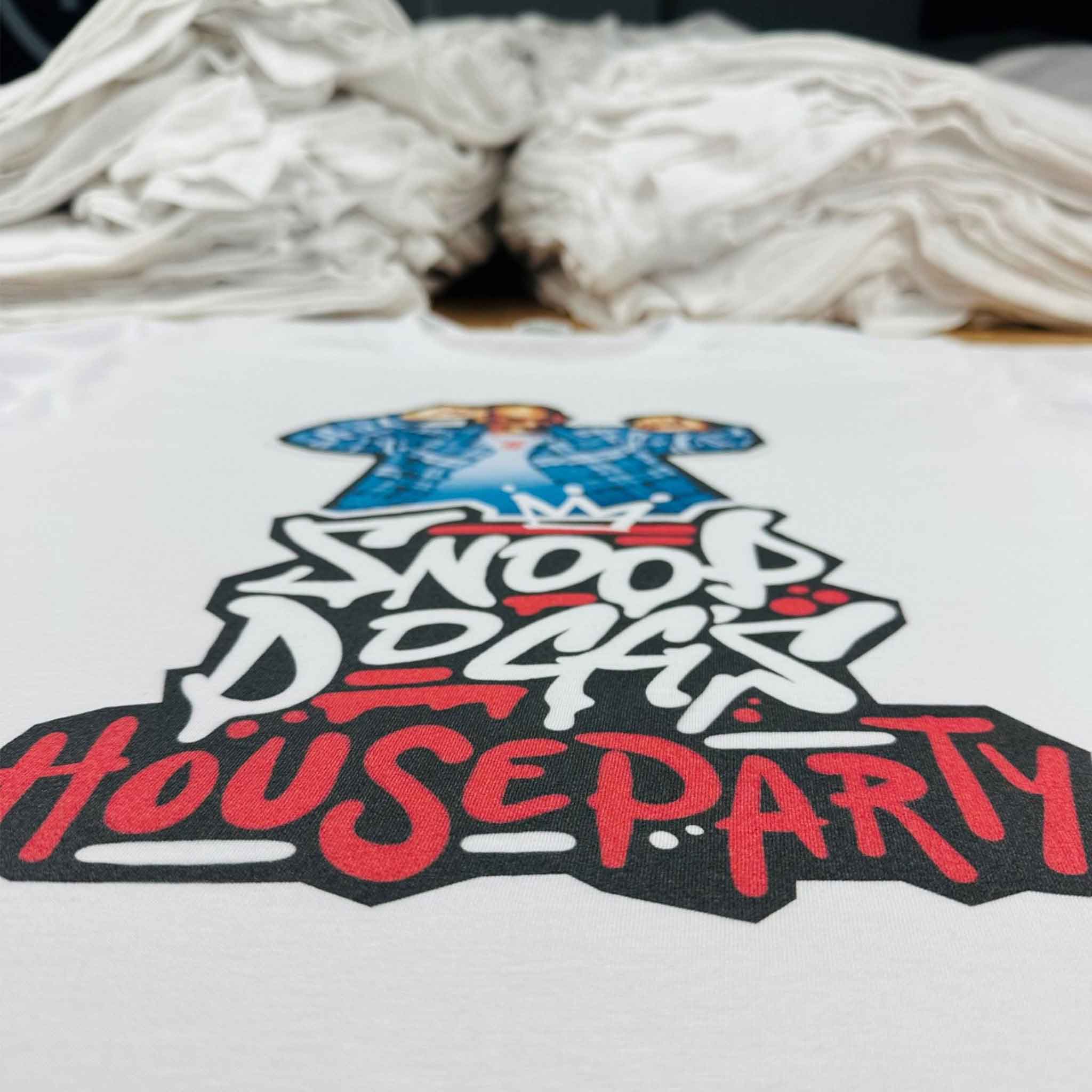 T-shirt with 'Snoop Dogg House Party' graphic design on a white background
