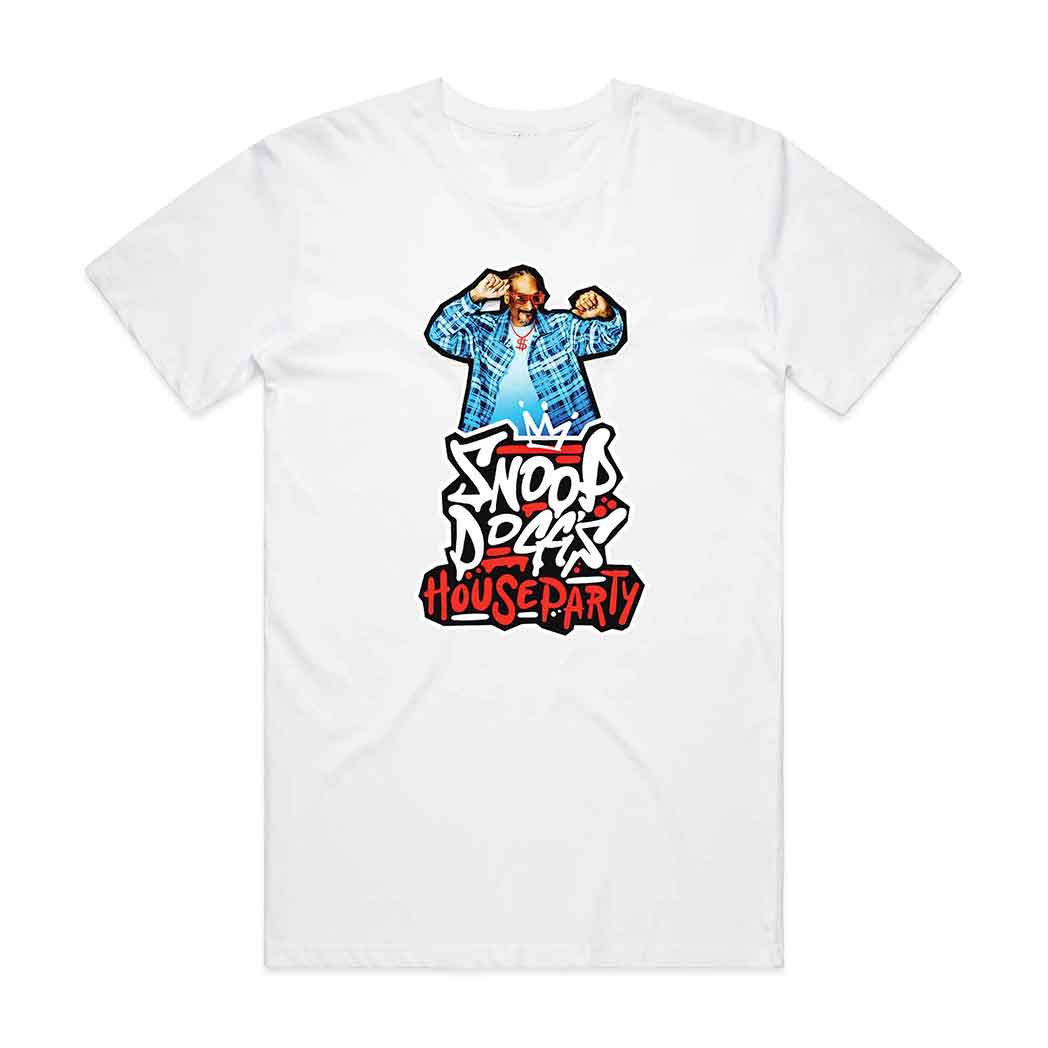 White t-shirt with graphic design of a person and text on a white background