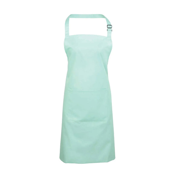 An aqua blue bib apron with a neck strap and front pocket, displayed on a plain background. Colours Bib Apron with Pocket - PR154