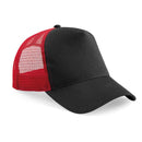 Beechfield B640 Black and classic red mesh trucker cap on a white background