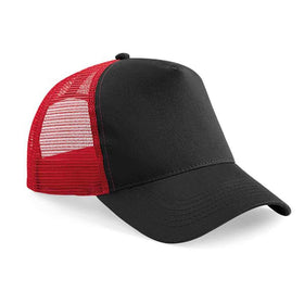 Beechfield B640 Black and classic red mesh trucker cap on a white background