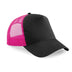 Beechfield B640 Black trucker cap with fuchsia mesh back on a white background