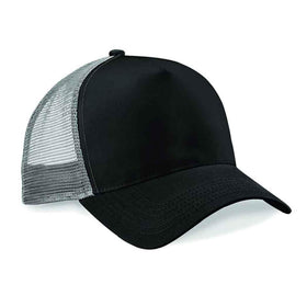 Beechfield B640 Black and light grey mesh trucker cap on a white background