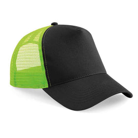 Beechfield B640 Black trucker cap with lime green mesh back on a white background
