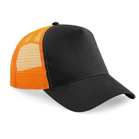 Beechfield B640 Black and orange mesh trucker cap on a white background