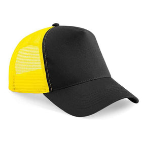 Beechfield B640 Black and yellow trucker cap on a white background