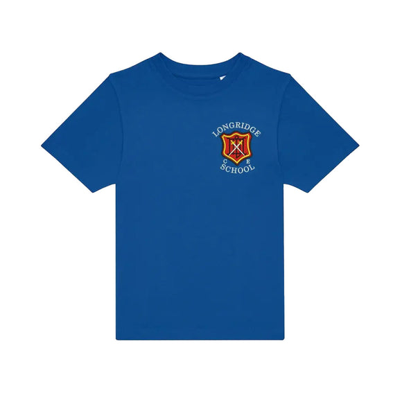 Blue PE T-Shirt for Longridge C of E Primary School with school crest to the left chest area.