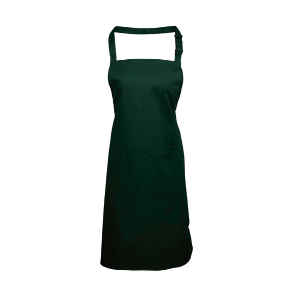 A bottle green bib apron with a neck strap and front pocket, displayed on a plain background. Colours Bib Apron with Pocket - PR154
