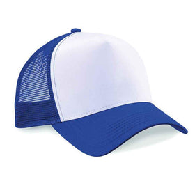 Beechfield B640 bright royal Blue and white trucker cap on a white background