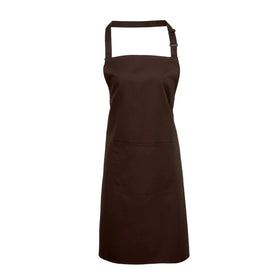 A brown bib apron with a neck strap and front pocket, displayed on a plain background. Colours Bib Apron with Pocket - PR154