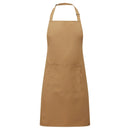 A camel brown bib apron with a neck strap and front pocket, displayed on a plain background. Colours Bib Apron with Pocket - PR154