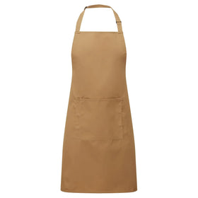A camel brown bib apron with a neck strap and front pocket, displayed on a plain background. Colours Bib Apron with Pocket - PR154