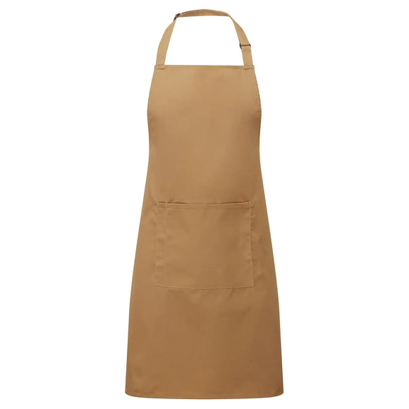 A camel brown bib apron with a neck strap and front pocket, displayed on a plain background. Colours Bib Apron with Pocket - PR154