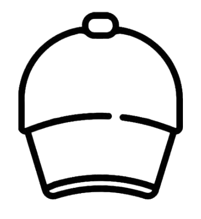 A minimalist black line drawing of a baseball cap on a solid white background.