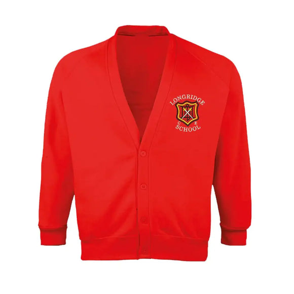 Red Cardigan Sweatshirt for Longridge C of E Primary School with school crest embroidery to the left chest area.