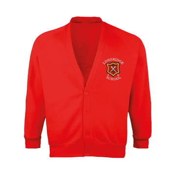 Red Cardigan Sweatshirt for Longridge C of E Primary School with school crest to the left chest area.