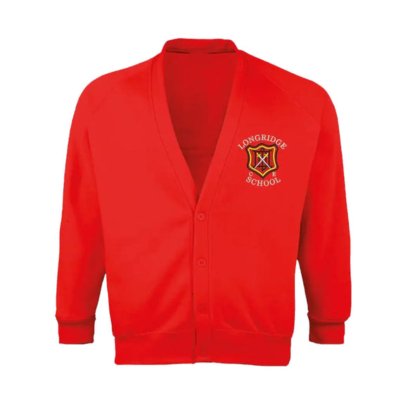 Red Cardigan Sweatshirt for Longridge C of E Primary School with school crest to the left chest area.