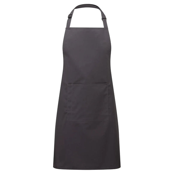 A charcoal grey bib apron with a neck strap and front pocket, displayed on a plain background. Colours Bib Apron with Pocket - PR154
