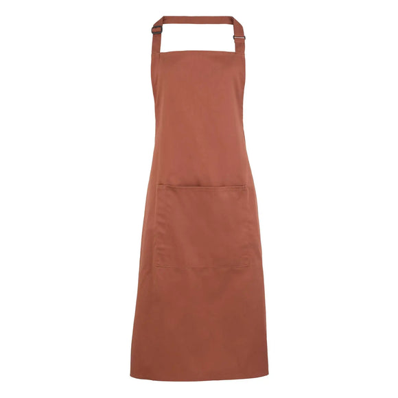 A chestnut brown bib apron with a neck strap and front pocket, displayed on a plain background. Colours Bib Apron with Pocket - PR154