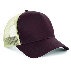 Beechfield B640 chocolate and caramel mesh trucker cap on a white background