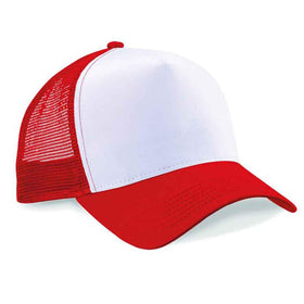 Beechfield B640 classic Red and white trucker cap on a white background