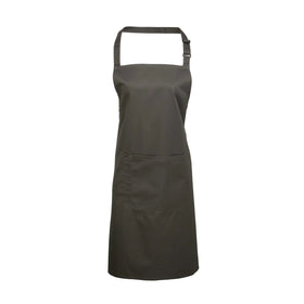 A dark grey bib apron with a neck strap and front pocket, displayed on a plain background. Colours Bib Apron with Pocket - PR154