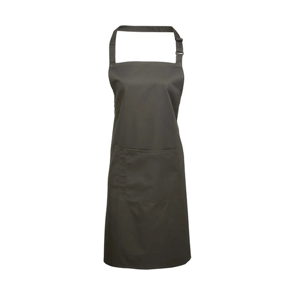 A dark grey bib apron with a neck strap and front pocket, displayed on a plain background. Colours Bib Apron with Pocket - PR154