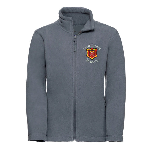 Grey Full-Zip Fleece for Longridge C of E Primary School with school crest to the left chest area.