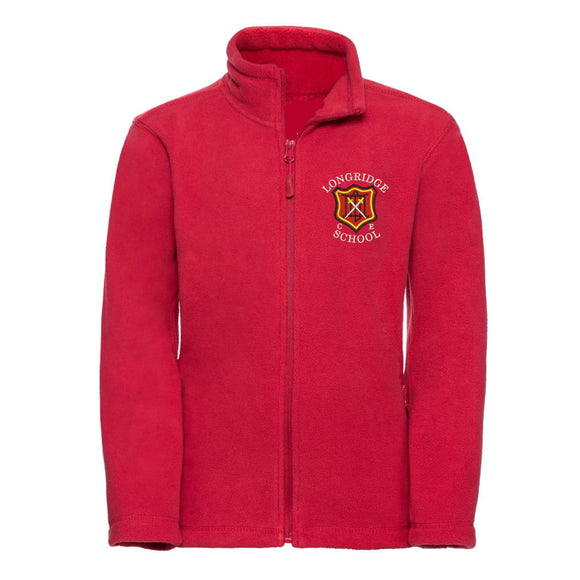 Red Full-Zip Fleece for Longridge C of E Primary School with school crest to the left chest area.