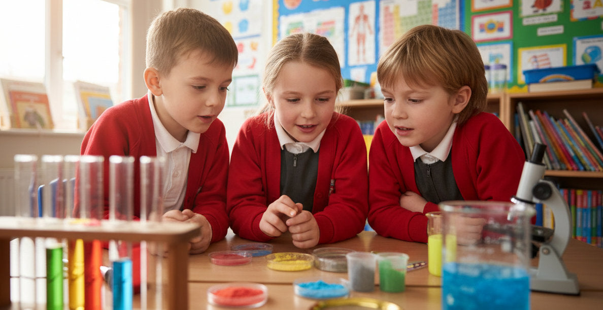 Three children in red school uniforms sitting at a table with educational materials in a classroom.