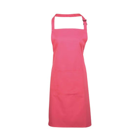 A fuchsia pink bib apron with a neck strap and front pocket, displayed on a plain background. Colours Bib Apron with Pocket - PR154