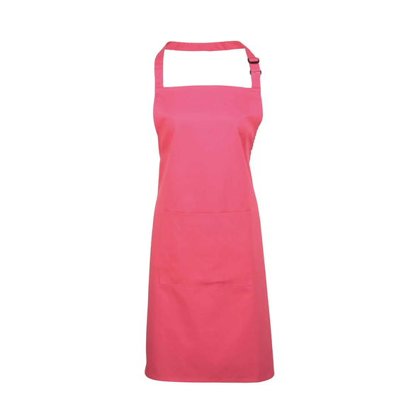 A fuchsia pink bib apron with a neck strap and front pocket, displayed on a plain background. Colours Bib Apron with Pocket - PR154