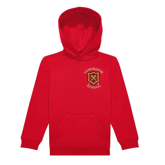 Red PE Hoodie for Longridge C of E Primary School with school crest embroidery to the left chest area.