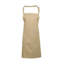 A khaki brown bib apron with a neck strap and front pocket, displayed on a plain background. Colours Bib Apron with Pocket - PR154