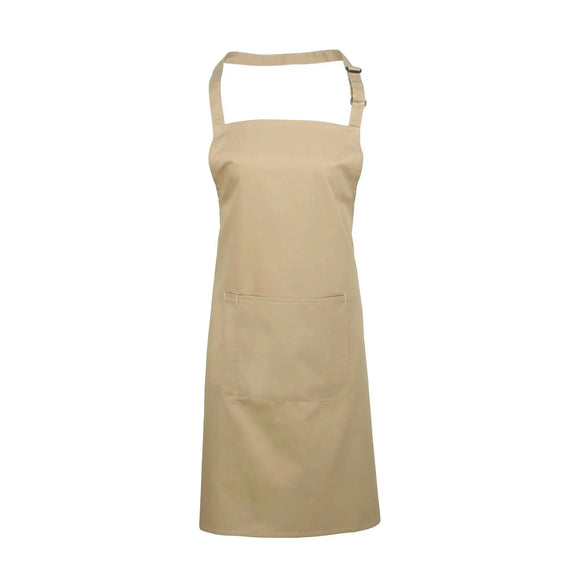 A khaki brown bib apron with a neck strap and front pocket, displayed on a plain background. Colours Bib Apron with Pocket - PR154
