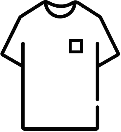 A minimalist black line drawing of a short-sleeve crew-neck T-shirt with a small square chest logo, shown on a plain white background.