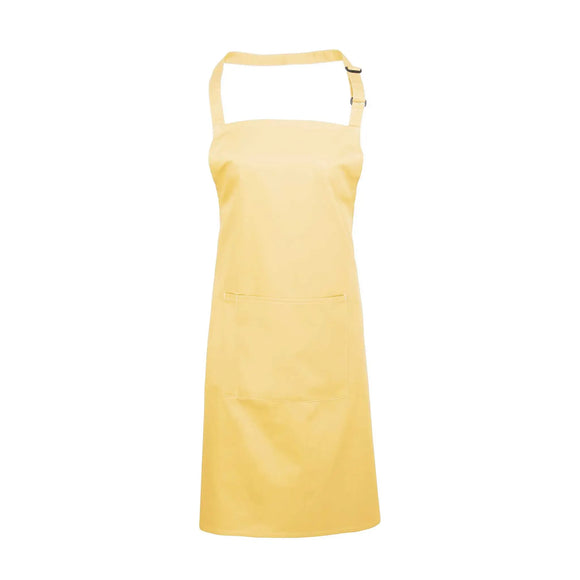 A lemon yellow bib apron with a neck strap and front pocket, displayed on a plain background. Colours Bib Apron with Pocket - PR154