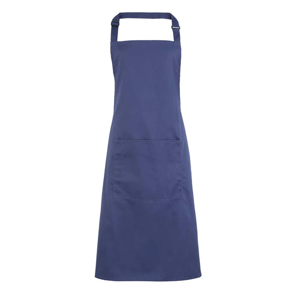 A marine blue bib apron with a neck strap and front pocket, displayed on a plain background. Colours Bib Apron with Pocket - PR154