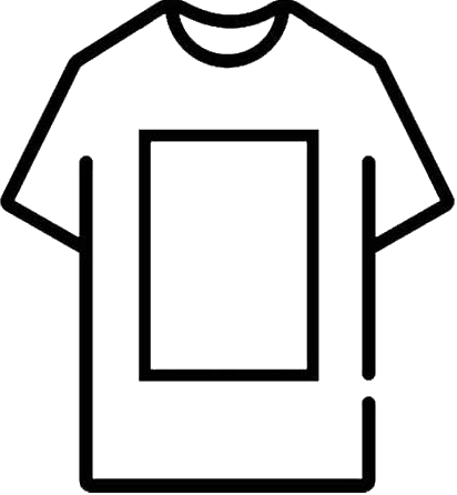 A simple black line drawing of a short-sleeve T-shirt on a white background, with a blank rectangular area on the chest suggesting a print or graphic placeholder.