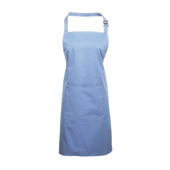 A mid blue bib apron with a neck strap and front pocket, displayed on a plain background. Colours Bib Apron with Pocket - PR154