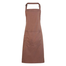 A mocha brown bib apron with a neck strap and front pocket, displayed on a plain background. Colours Bib Apron with Pocket - PR154