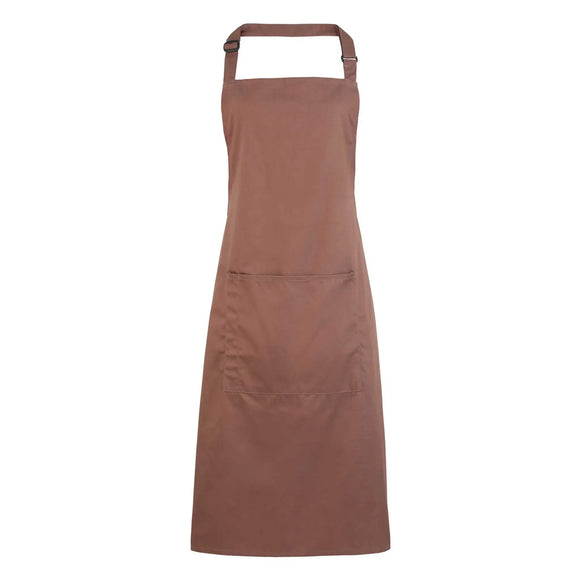 A mocha brown bib apron with a neck strap and front pocket, displayed on a plain background. Colours Bib Apron with Pocket - PR154